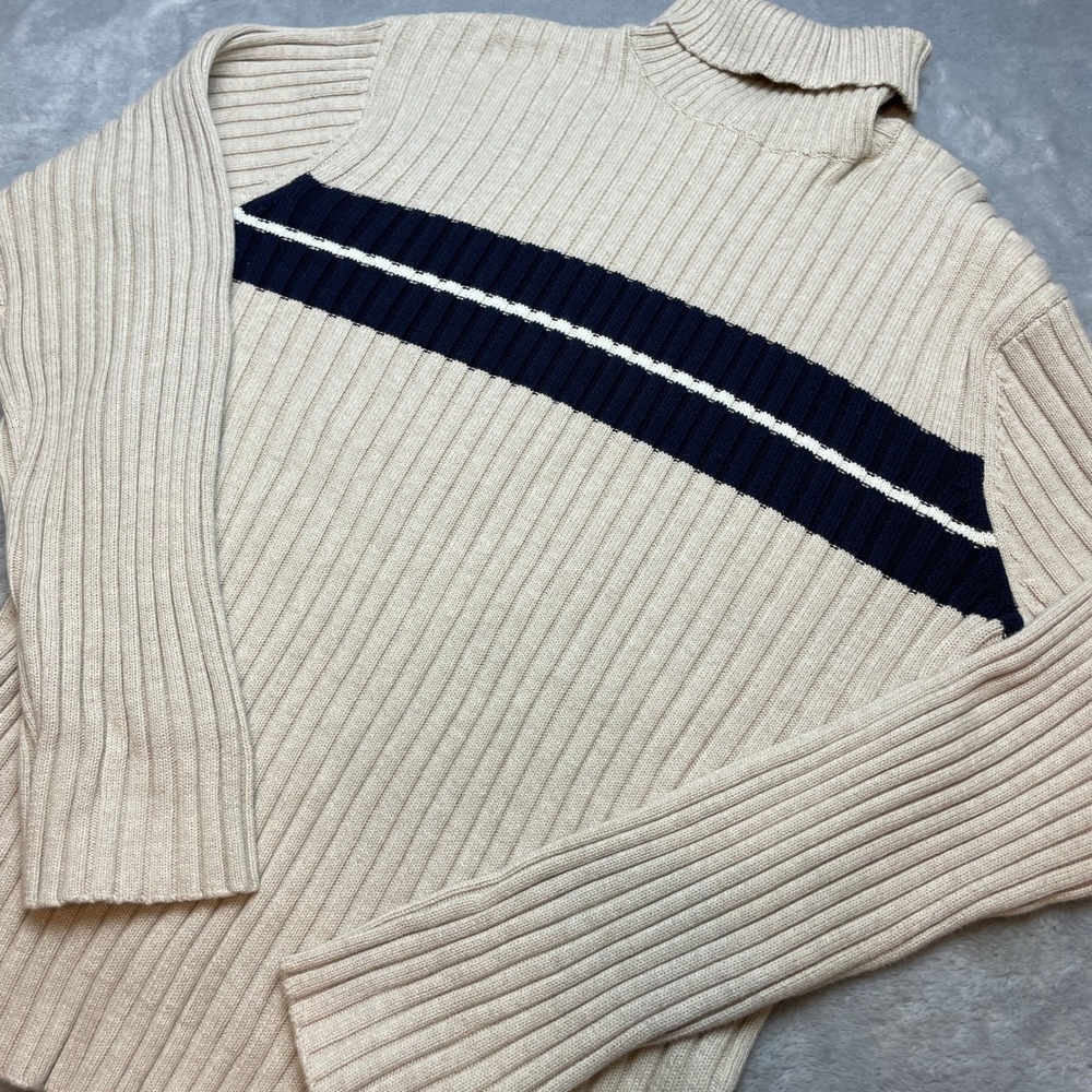 Vintage Old Navy Mens Ribbed Sweater Size L Beige Stripe Turtleneck Preppy Y2K